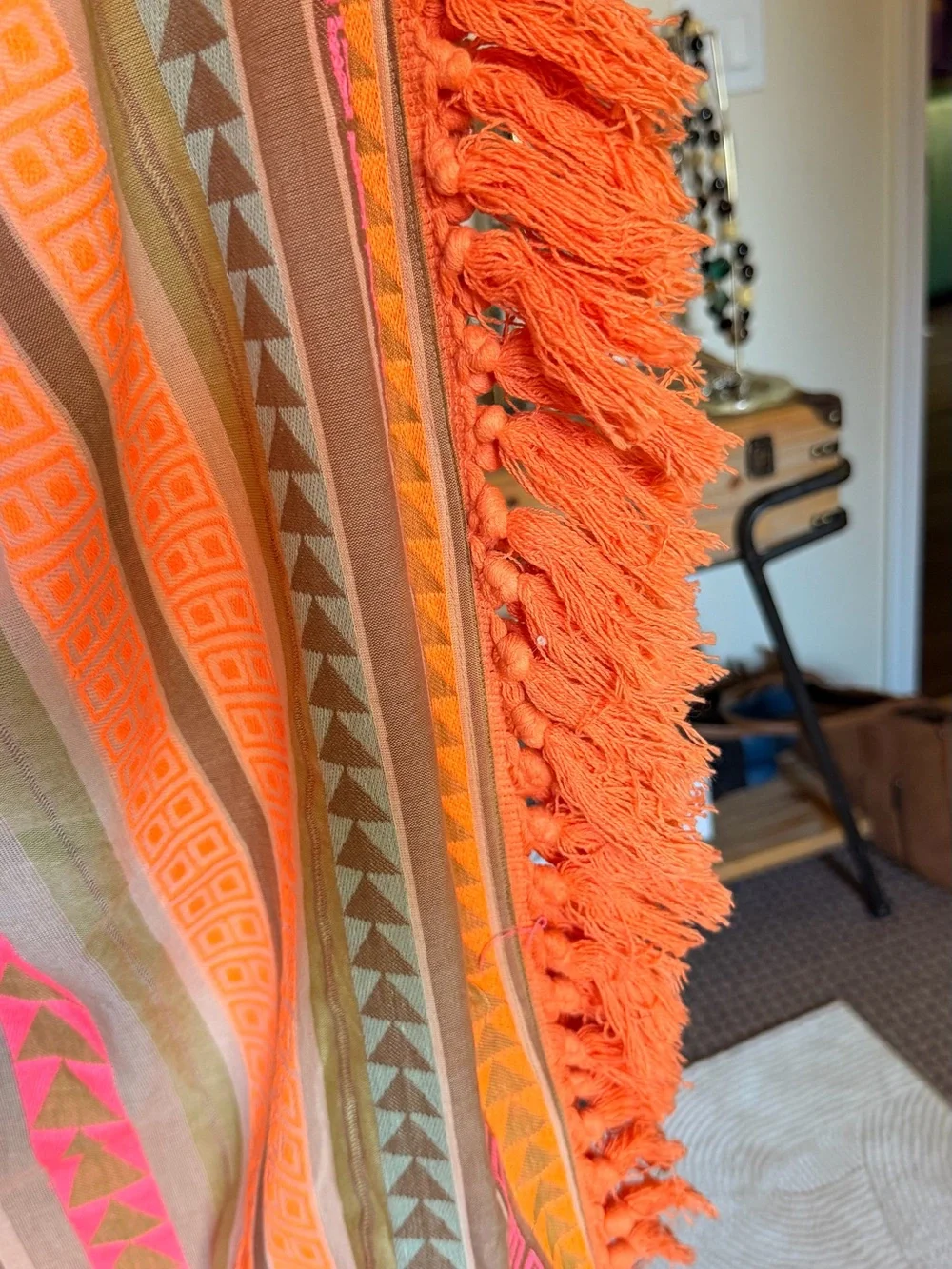 Boho Striped Fringe Poncho in Pink & Orange